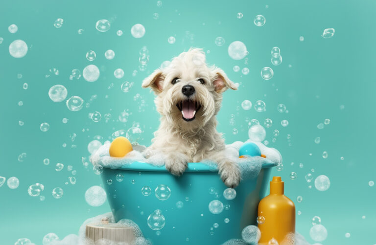 Dog in a tub with bubbles